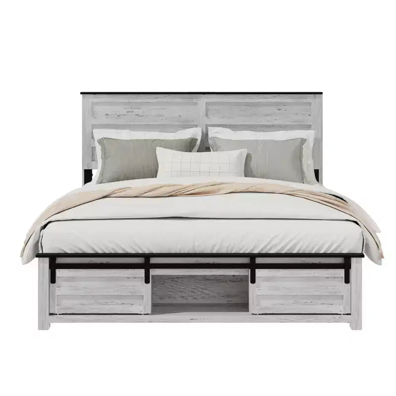 Full/Queen Size Platform Bed with Upholstered Storage Headboard, Wood Platform Bed Frame with Charging Station and LED Lights