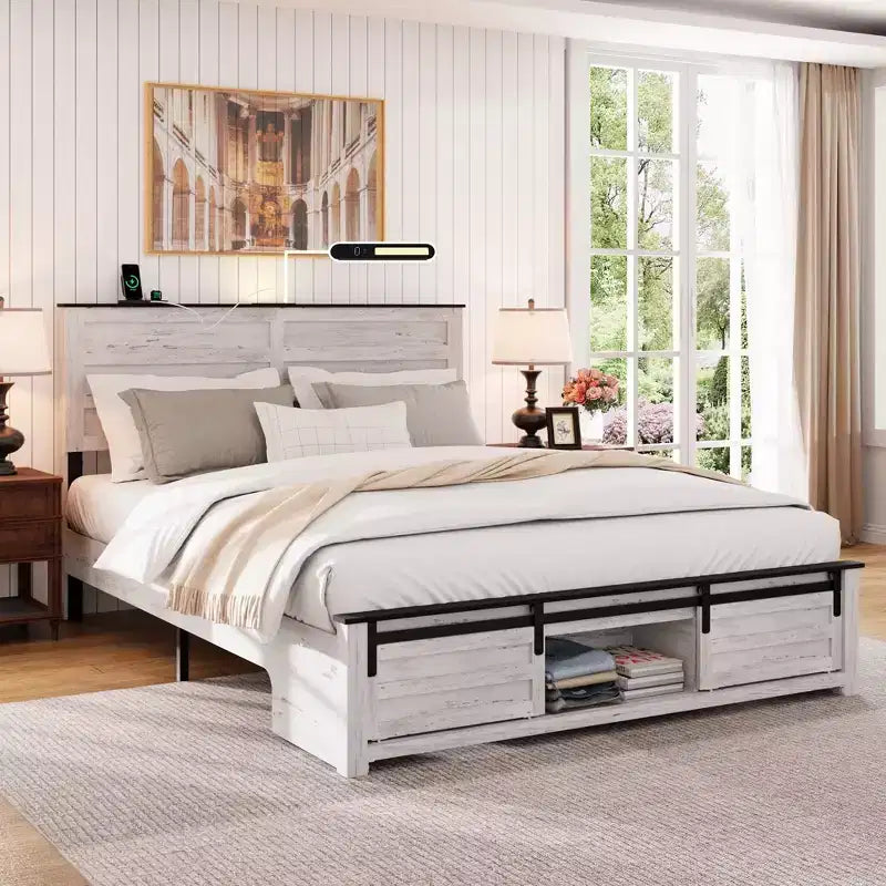 Full/Queen Size Platform Bed with Upholstered Storage Headboard, Wood Platform Bed Frame with Charging Station and LED Lights