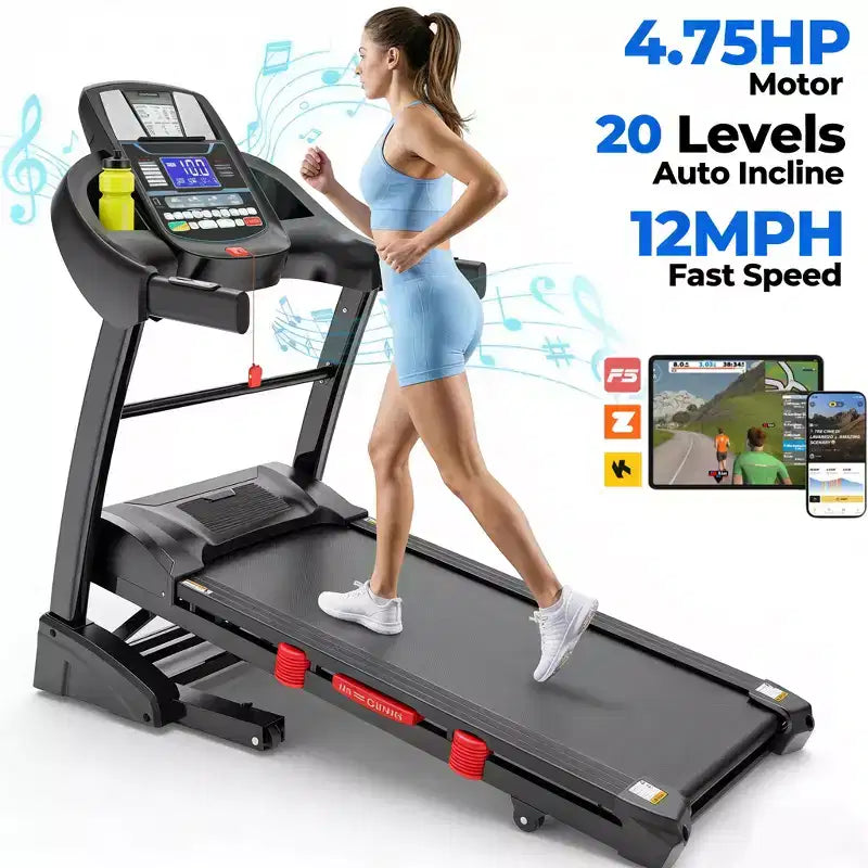 Foldable Treadmill 4.75HP Quiet Motor 20-Level Auto Incline Bluetooth App 71Programs Shock Absorbing Deck 300 LBS Capacity Home Use