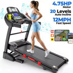 Foldable Treadmill 4.75HP Quiet Motor 20-Level Auto Incline Bluetooth App 71Programs Shock Absorbing Deck 300 LBS Capacity Home Use
