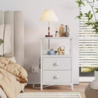 Set of 2 Nightstands with Charging Station and USB Ports Modern Bedside Side Tables with 2 Fabric Drawers and Storage Shelves End Tables Bedroom White