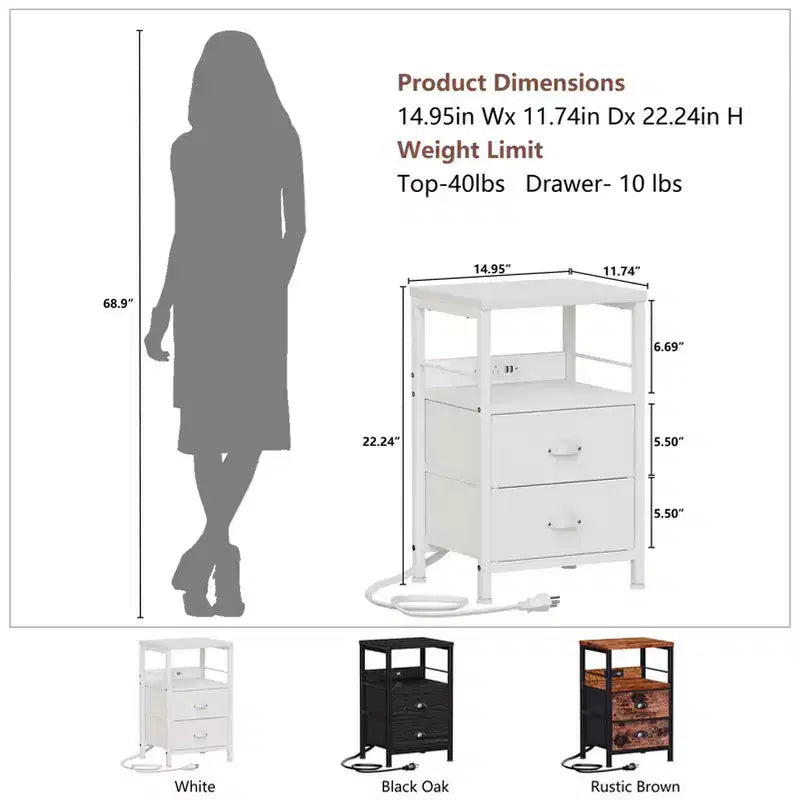 Set of 2 Nightstands with Charging Station and USB Ports Modern Bedside Side Tables with 2 Fabric Drawers and Storage Shelves End Tables Bedroom White
