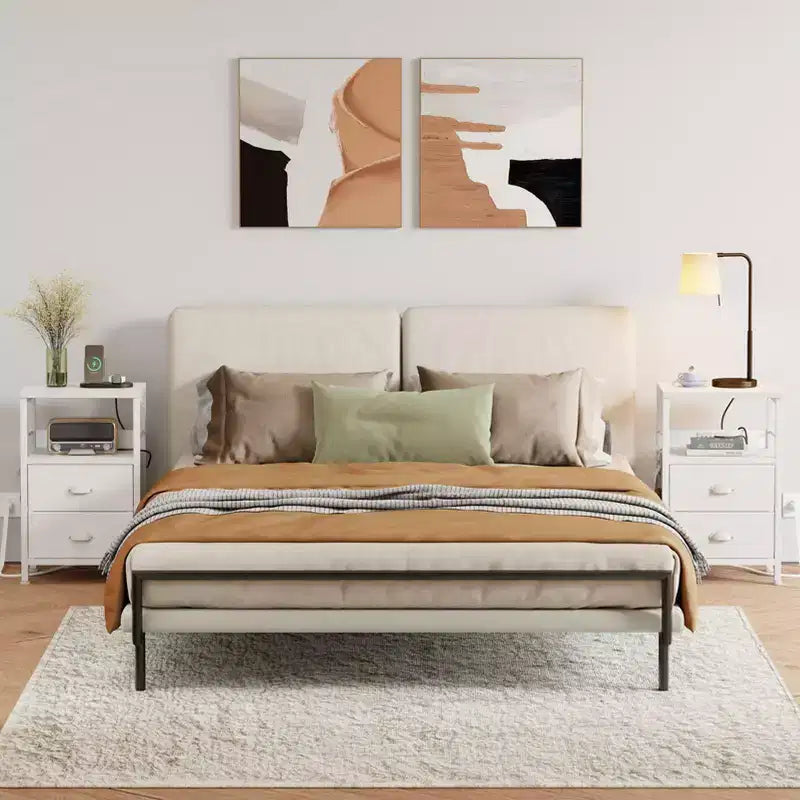 Set of 2 Nightstands with Charging Station and USB Ports Modern Bedside Side Tables with 2 Fabric Drawers and Storage Shelves End Tables Bedroom White
