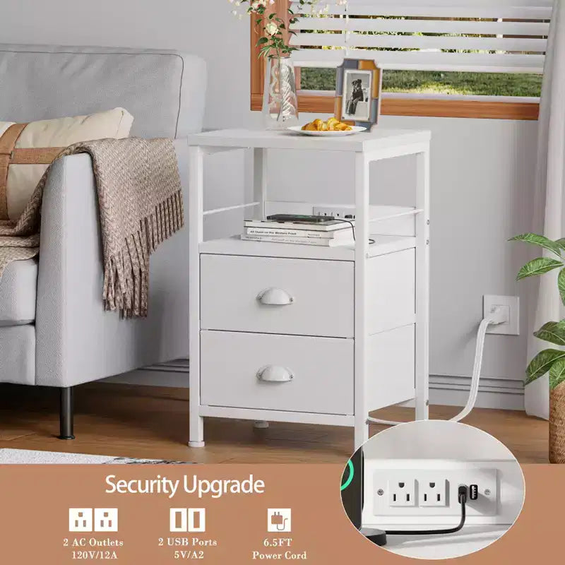Set of 2 Nightstands with Charging Station and USB Ports Modern Bedside Side Tables with 2 Fabric Drawers and Storage Shelves End Tables Bedroom White