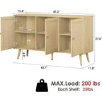 47.2 Credenza a buffet in rattan con 3 ante, credenza a buffet in stile bohémien con ripiani regolabili, consolle per soggiorno, sala da pranzo