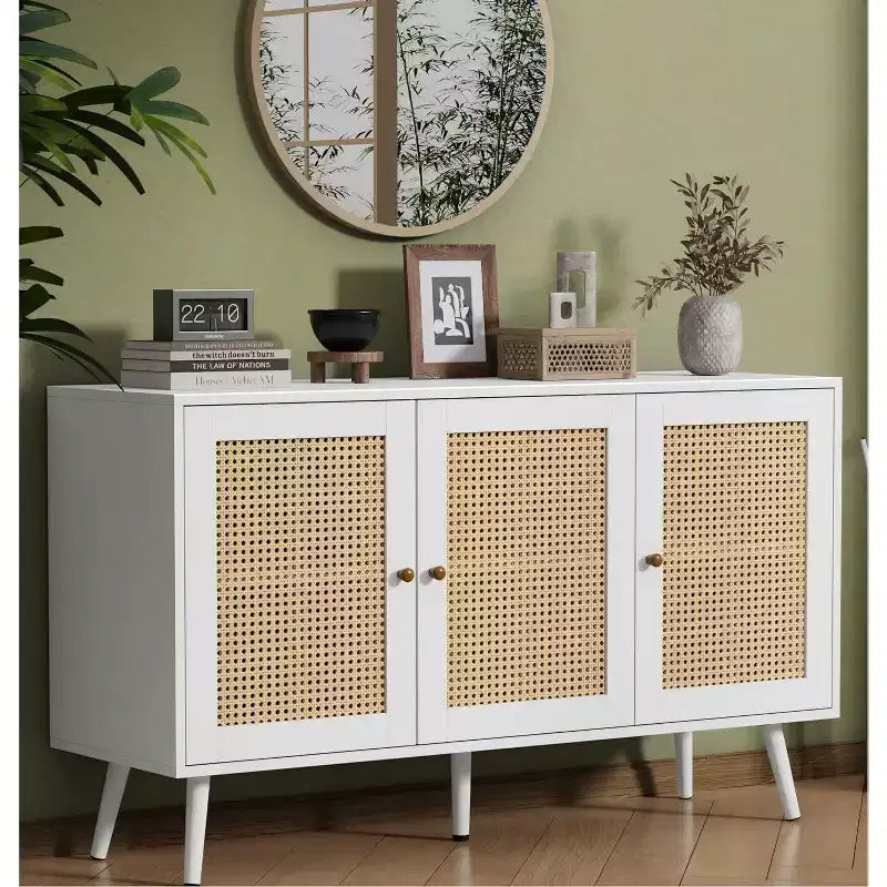 47.2 Rattan Sideboard Buffet Cabinet with 3 Doors,Boho Sideboard Buffet Cabinet with Adjustable Shelves, Console Table for Living Room, Dining Room