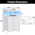 Modern Tall Bedside table with LED Lights - 4 Fabric Drawers, Top Shelf, Steel Frame, Narrow Cabinet for Bedroom, Dorm, Hallway Sofa Side Table