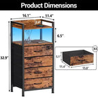 Modern Tall Bedside table with LED Lights - 4 Fabric Drawers, Top Shelf, Steel Frame, Narrow Cabinet for Bedroom, Dorm, Hallway Sofa Side Table