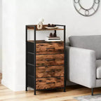 Modern Tall Bedside table with LED Lights - 4 Fabric Drawers, Top Shelf, Steel Frame, Narrow Cabinet for Bedroom, Dorm, Hallway Sofa Side Table