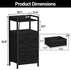 Modern Tall Bedside table with LED Lights - 4 Fabric Drawers, Top Shelf, Steel Frame, Narrow Cabinet for Bedroom, Dorm, Hallway Sofa Side Table