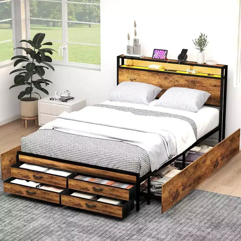 Zevemomo Queen Size Storage Platform Bed Frame with 8 Drawers, Wooden Headboard & Footboard, Noise-Free Design, No Box Spring Needed, Brown