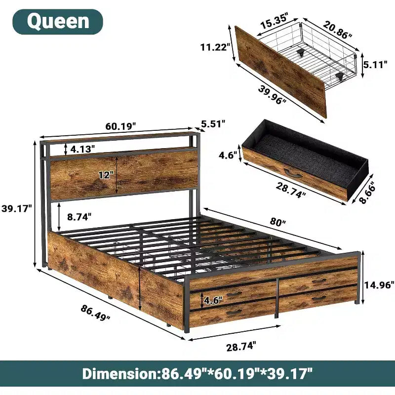 Zevemomo Queen Size Storage Platform Bed Frame with 8 Drawers, Wooden Headboard & Footboard, Noise-Free Design, No Box Spring Needed, Brown