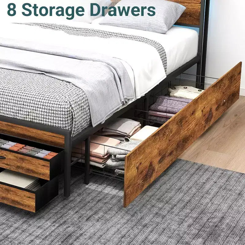 Zevemomo Queen Size Storage Platform Bed Frame with 8 Drawers, Wooden Headboard & Footboard, Noise-Free Design, No Box Spring Needed, Brown