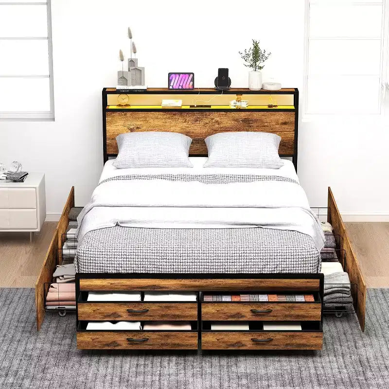 Zevemomo Queen Size Storage Platform Bed Frame with 8 Drawers, Wooden Headboard & Footboard, Noise-Free Design, No Box Spring Needed, Brown