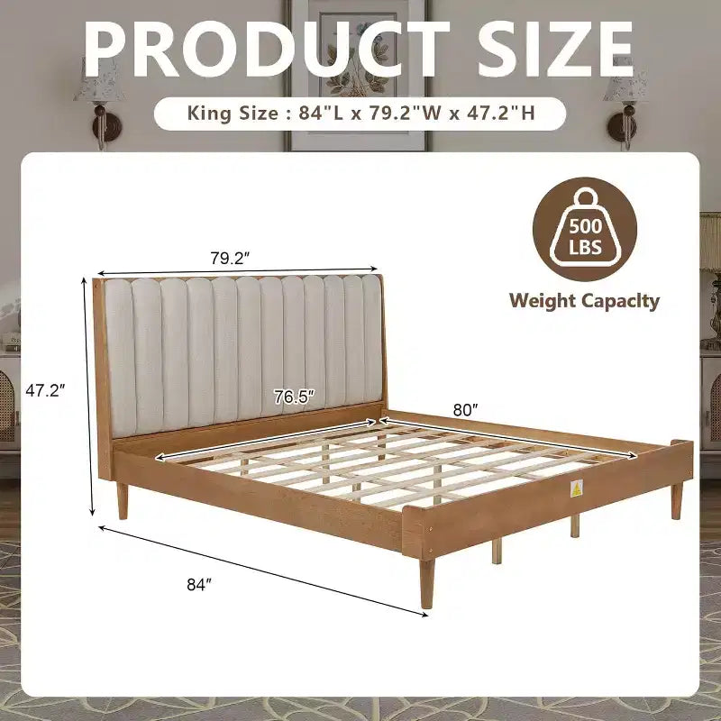 Struttura letto a piattaforma Zevemomo King Size in legno con testiera imbottita stile tastiera di pianoforte, struttura rinforzata, nessuna necessità di rete, grano