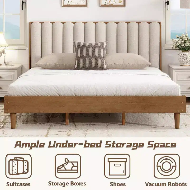 Struttura letto a piattaforma Zevemomo King Size in legno con testiera imbottita stile tastiera di pianoforte, struttura rinforzata, nessuna necessità di rete, grano