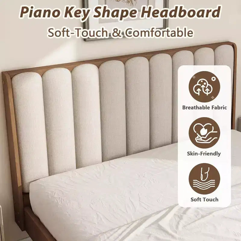 Struttura letto a piattaforma Zevemomo King Size in legno con testiera imbottita stile tastiera di pianoforte, struttura rinforzata, nessuna necessità di rete, grano