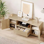 Boho Rattan TV Stand (Fits 70 TVs) with Adjustable Shelf & Drawer, Oak Finish Media Console for Living Room & Bedroom