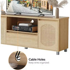 Boho Rattan TV Stand (Fits 70 TVs) with Adjustable Shelf & Drawer, Oak Finish Media Console for Living Room & Bedroom