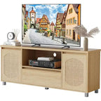 Boho Rattan TV Stand (Fits 70 TVs) with Adjustable Shelf & Drawer, Oak Finish Media Console for Living Room & Bedroom
