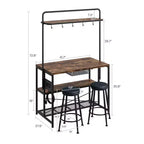 Kitchen Island with Power Outlet - Industrial Bakers Rack with 2 Stools, 3-Tier Shelves & 5 Hooks for Dining/Living Room (1-Piece Set)