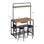 Kitchen Island with Power Outlet - Industrial Bakers Rack with 2 Stools, 3-Tier Shelves & 5 Hooks for Dining/Living Room (1-Piece Set)