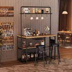 Kitchen Island with Power Outlet - Industrial Bakers Rack with 2 Stools, 3-Tier Shelves & 5 Hooks for Dining/Living Room (1-Piece Set)