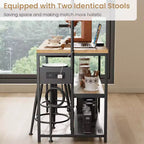 Kitchen Island with Power Outlet - Industrial Bakers Rack with 2 Stools, 3-Tier Shelves & 5 Hooks for Dining/Living Room (1-Piece Set)