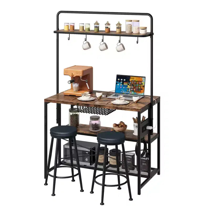 Kitchen Island with Power Outlet - Industrial Bakers Rack with 2 Stools, 3-Tier Shelves & 5 Hooks for Dining/Living Room (1-Piece Set)