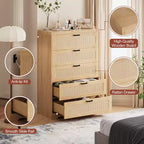COZONY Comò alto 80 cm in rattan con 5 cassetti, cassettiera portaoggetti in legno con ampio piano per camera da letto e ingresso