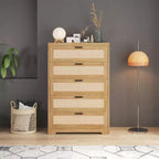 COZONY Comò alto 80 cm in rattan con 5 cassetti, cassettiera portaoggetti in legno con ampio piano per camera da letto e ingresso