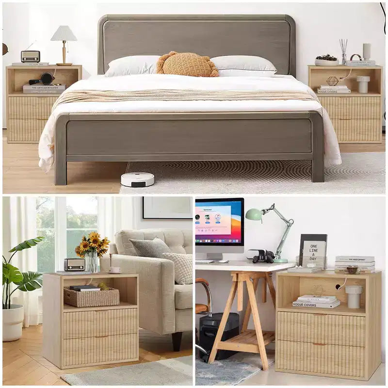 Comodino scanalato Set da 2 con stazione di ricarica, Comodino moderno di metà secolo, Tavolino con 2 cassetti e spazio contenitore