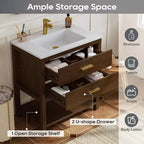30 Freestanding Farmhouse Vanity Cabinet with Sink, 2 Drawers & Open Shelf, Adjustable Feet for Easy Leveling, Walnut