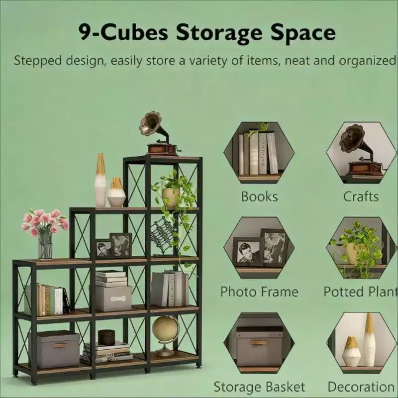 NAYSAYE Corner Ladder Bookshelf 9 Cube L Shaped Etagere Metal Wood Display Shelf for Living Room Office, Black, 45.31*11.82*52.01