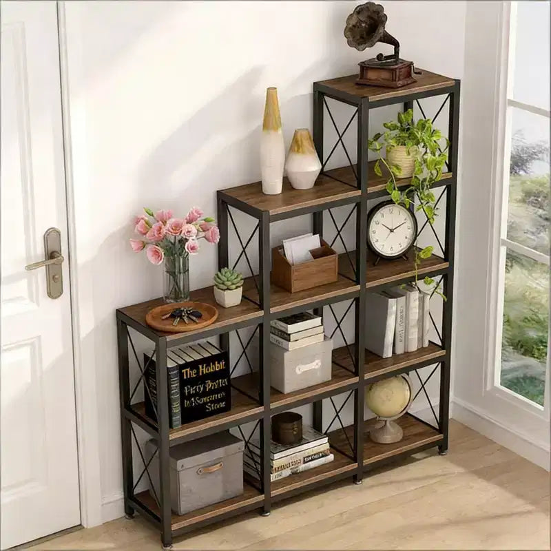 NAYSAYE Corner Ladder Bookshelf 9 Cube L Shaped Etagere Metal Wood Display Shelf for Living Room Office, Black, 45.31*11.82*52.01