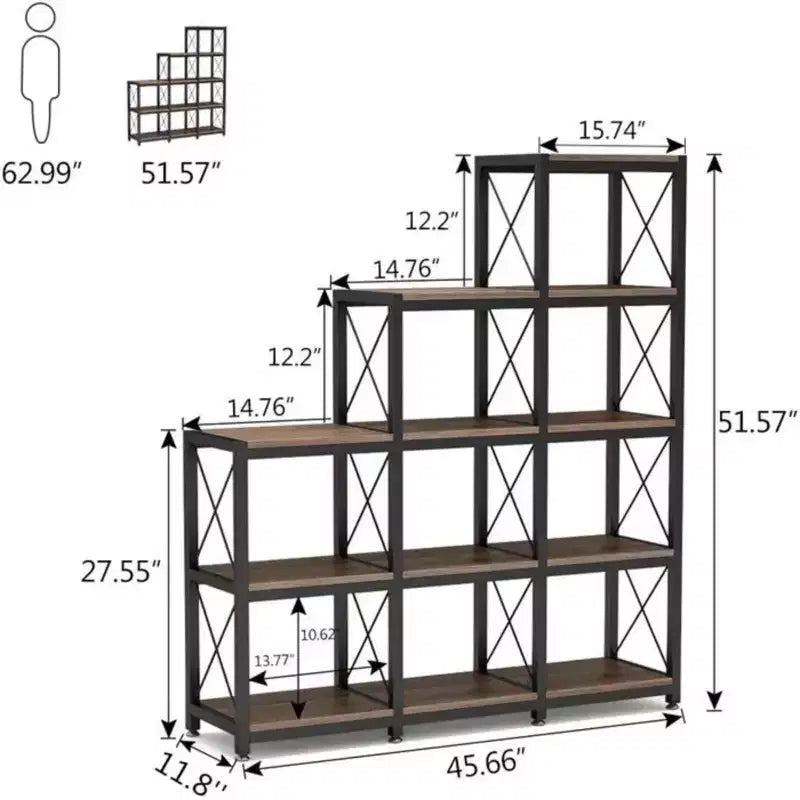 NAYSAYE Corner Ladder Bookshelf 9 Cube L Shaped Etagere Metal Wood Display Shelf for Living Room Office, Black, 45.31*11.82*52.01