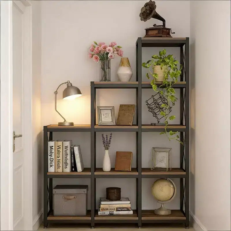 NAYSAYE Corner Ladder Bookshelf 9 Cube L Shaped Etagere Metal Wood Display Shelf for Living Room Office, Black, 45.31*11.82*52.01
