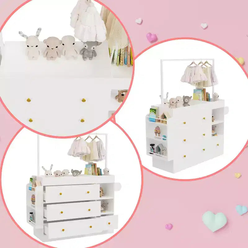 Modern Table Dresser,Baby Dressing Table with 3 extra deep Drawers and Storage Shelves and Hangers