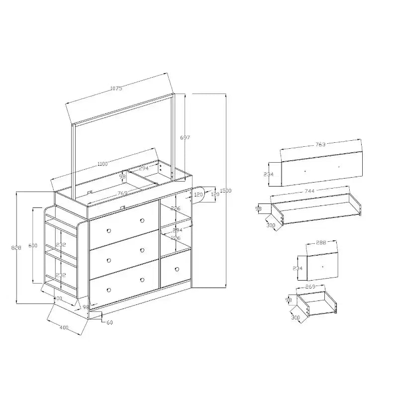 Modern Table Dresser,Baby Dressing Table with 3 extra deep Drawers and Storage Shelves and Hangers