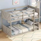Bellemave Twin over Twin Floor Bunk Bed with Panelled Headboard and Footboard, Rubber Wood Bunk Bed Frame with Guardrails and Ladder,Antique Oak