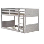 Bellemave Twin over Twin Floor Bunk Bed with Panelled Headboard and Footboard, Rubber Wood Bunk Bed Frame with Guardrails and Ladder,Antique Oak