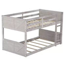 Bellemave Twin over Twin Floor Bunk Bed with Panelled Headboard and Footboard, Rubber Wood Bunk Bed Frame with Guardrails and Ladder,Antique Oak