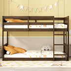 Bellemave Twin over Twin Floor Bunk Bed with Panelled Headboard and Footboard, Rubber Wood Bunk Bed Frame with Guardrails and Ladder,Antique Oak