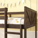 Bellemave Twin over Twin Floor Bunk Bed with Panelled Headboard and Footboard, Rubber Wood Bunk Bed Frame with Guardrails and Ladder,Antique Oak