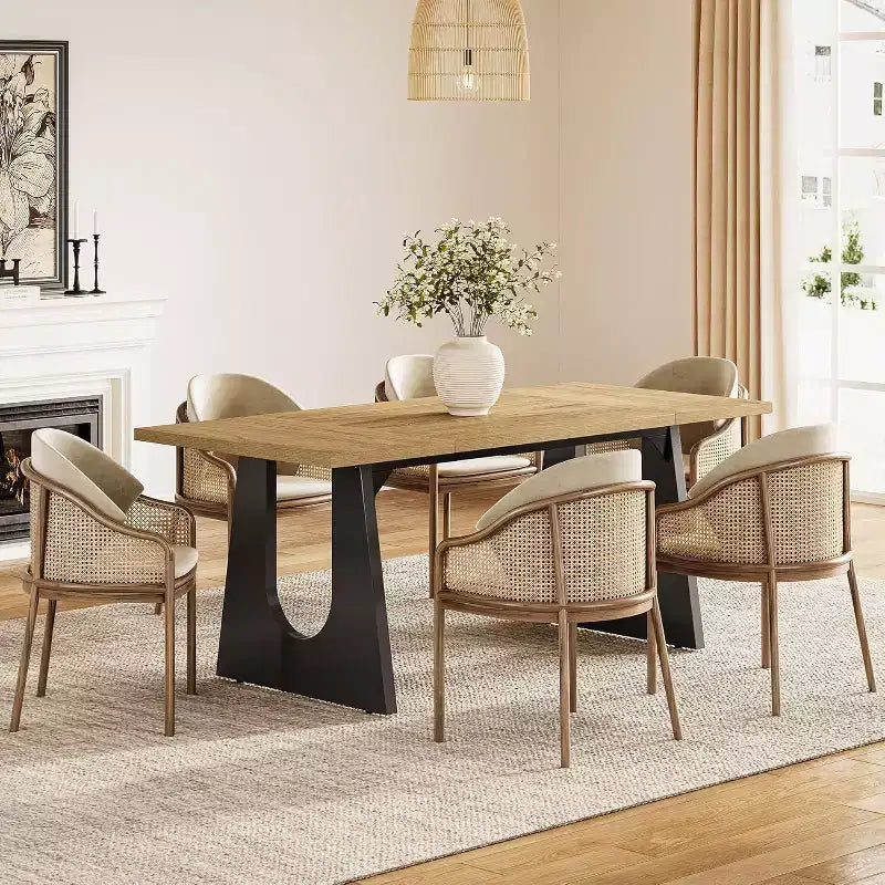 Tavolo da Pranzo Rettangolare Lantine da 70,8 pollici per 6 persone, Tavolo da Cucina Moderno in Legno con Base a Pedestallo Nera Resistente, Colore Naturale per Soggiorno.