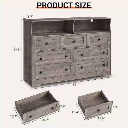 7-Drawer Wooden Chest of Drawers - Modern Dresser with USB Charging Station & LED Lights, 2 Open Cubbies - Large Bedroom Dresser, Storage Organizer