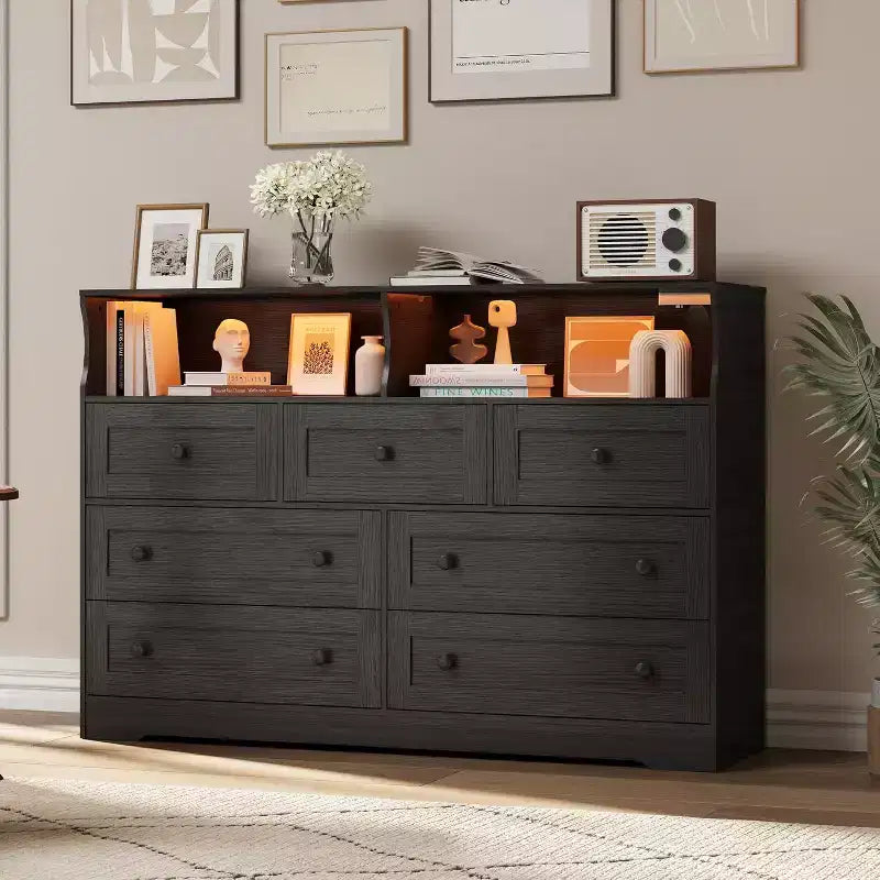 7-Drawer Wooden Chest of Drawers - Modern Dresser with USB Charging Station & LED Lights, 2 Open Cubbies - Large Bedroom Dresser, Storage Organizer