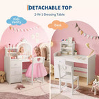 Set Tavolo da Toeletta per Bambini Principessa, Specchio Illuminato, 3 Cassetti, Ripiani Portaoggetti, Piano Rimovibile - Scrivania Trucco e Toeletta in Legno per Bambine