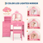 Set Tavolo da Toeletta per Bambini Principessa, Specchio Illuminato, 3 Cassetti, Ripiani Portaoggetti, Piano Rimovibile - Scrivania Trucco e Toeletta in Legno per Bambine