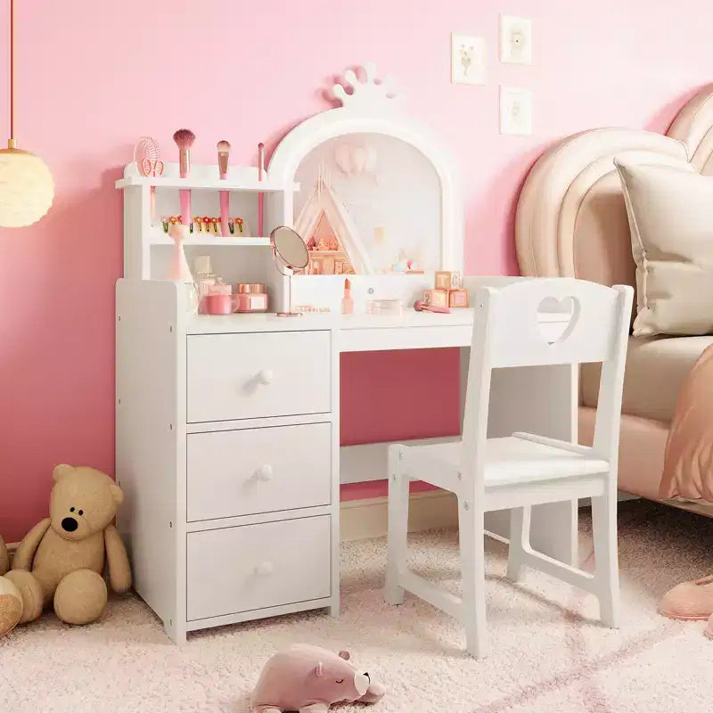 Princess Kids Vanity Table Set,Lighted Mirror, 3 Drawers, Storage Shelves, Detachable Top - Wooden Makeup & Dressing Desk for Little Girls